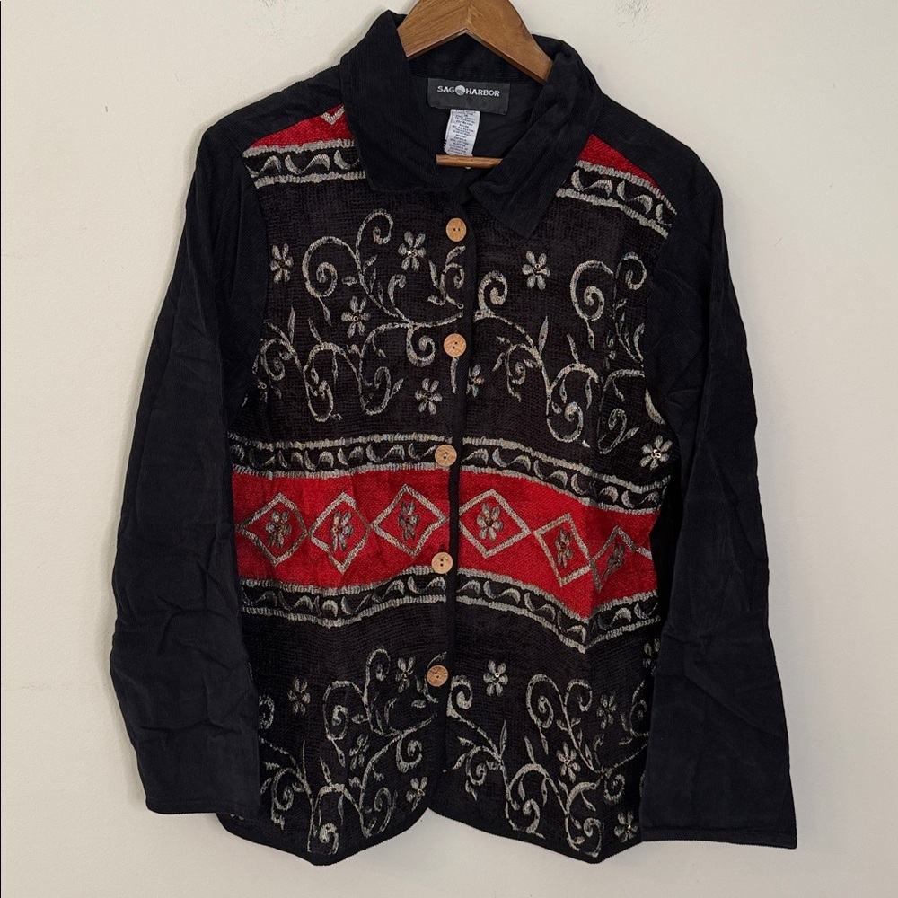 Sag Harbor Dark Corduroy Velour black jacket red gold ornate sfloral scroll 14